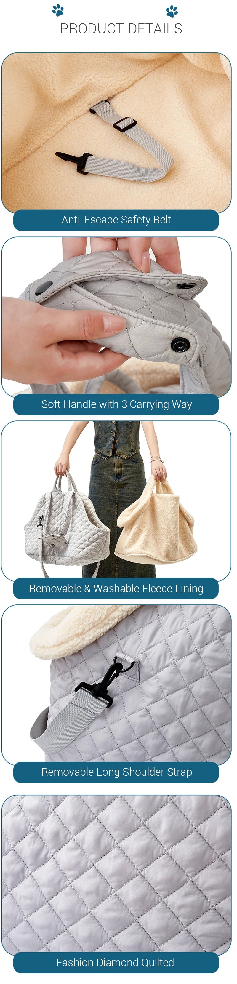 Quilted Pet Bag with Removable Lining